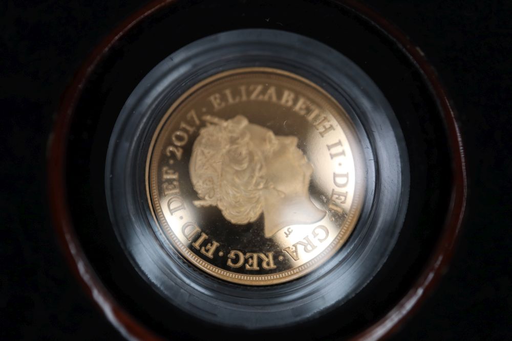 A cased Royal Mint 2017 gold Piedfort proof sovereign, with certificate No. 0388 of ltd edition presentation of 3,500